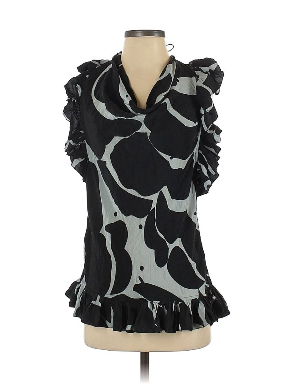 Tracy Reese New York 100% Silk Black Gray Ruffle Short Sleeve Drape Blouse Small